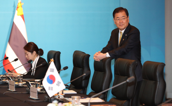 정의용 청와대 국가안보실장이 25일 오전 부산의 한 호텔에서 열린 한-태국 양자회담에 참석해 회담 시작을 기다리고 있다. 오른쪽은 고민정 청와대 대변인. 2019. 11.25 도준석 기자pado@seoul.co.kr