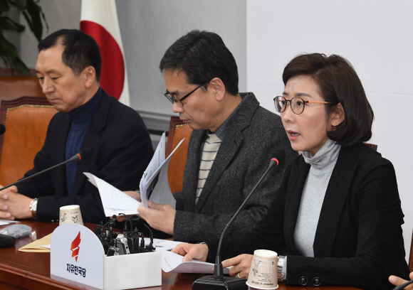 자유한국당 나경원(오른쪽) 원내대표가 1일 국회에서 ‘친문 게이트 진상조사 태스크포스’ 회의를 주재하고 있다. 나 원내대표는 친문의 3대 권력형 비리 의혹에 대해 국정조사 요구서를 국회에 제출하겠다고 밝혔다. 김명국 선임기자 daunso@seoul.co.kr