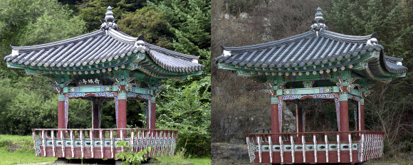 전두환 전 대통령 친필 현판 철거  전두환 전 대통령이 글귀를 쓴 전북 장수군 논개 생가 부근의 현판이 지난달 29일 철거됐다. 다만 단아정이라는 현판명은 장수군 문화원에서 작명한 것으로 명칭은 추후에도 활용할 계획이다. 이와 함께 전두환 찬양 논란이 일었던 표지석은 내년에 철거될 예정이다. 사진은 현판 철거 전(왼쪽)과 철거 후 모습.<br>장수 연합뉴스