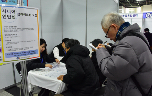 4일 서울 마포구청에서 열린 2020 노인일자리 박람회에서 취업을 원하는 어르신들이 현장 면접을 보고 있다.4일 서울 마포구청에서 열린 2020 노인일자리 박람회에서 취업을 원하는 어르신들이 현장 면접을 보고 있다. 2019. 12.4 이종원 선임기자 jongwon@seoul.co.kr