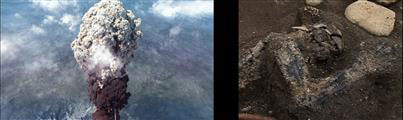 백두산 화산 분화를 컴퓨터그래픽으로 구현한 모습(왼쪽). 오른쪽 사진은 인도네시아 탐보라 화산 폭발 이후 당시 사망자의 모습이 그대로 남아 있는 모습.<br>KBS 제공