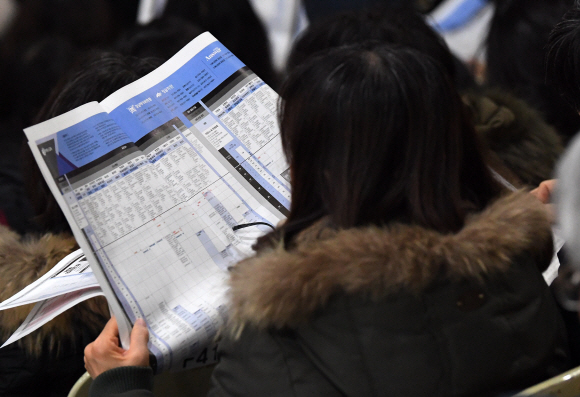 8일 서울 강남구 진선여고에서 진행된 이투스교육 2020학년도 최종정시 전략설명회를 찾은 수험생, 학부모들이 대학 배치표를 살펴보고 있다. 2019.12.8 오장환 기자 5zzang@seoul.co.kr