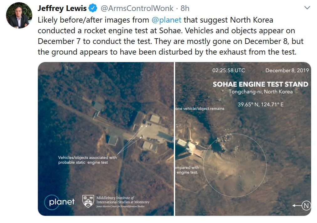 북한 서해위성발사장의 시험 전후 위성 사진. 출처:트위터