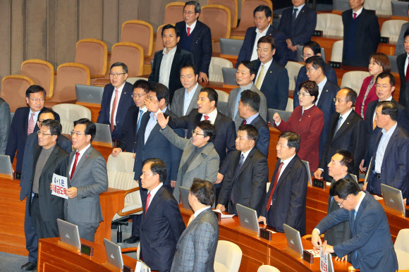예산안 상정 항의하는 자유한국당 의원들