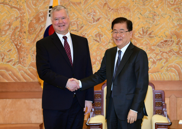 정의용 국가안보실장이 16일 오전 청와대에서 방한 중인 스티븐 비건 미 국무부 대북정책 특별대표와 인사를 나누고 있다. 2019. 12.16 도준석 기자pado@seoul.co.kr