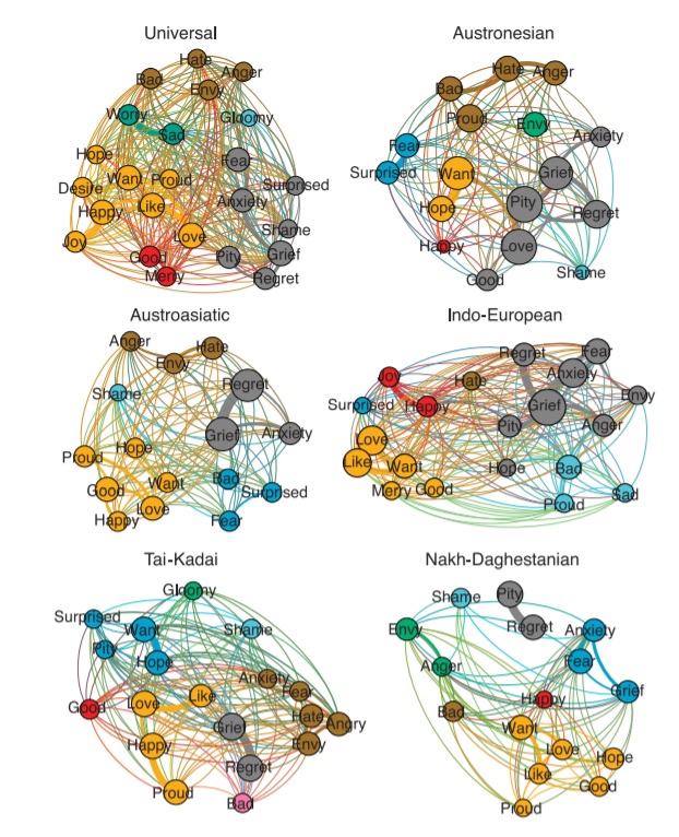전 세계 언어의 어족별 감정 개념의 네트워킹 
