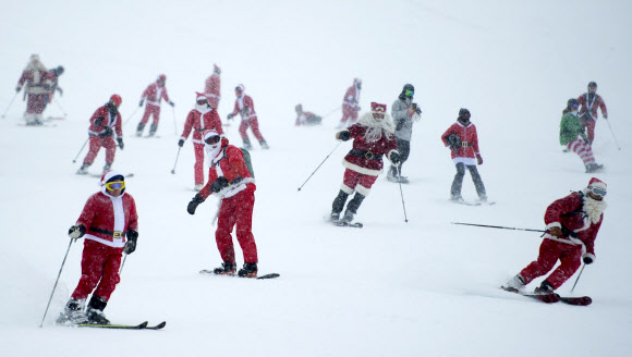산타 클로스 복장을 한 사람들이 20일(현지시간) 캐나다 브리티시 컬럼비아 휘슬러에서 산타 스키를 타고 있다. AP 연합뉴스