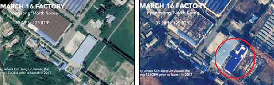 제프리 루이스 미국 미들버리국제학연구소 ‘동아시아 비확산센터’ 소장이 트위터에 게재한 평안남도 평성의 ‘3월16일 공장’ 위성 사진. 그는 빨간 원 안의 파란 지붕의 구조물(오른쪽)이 이달 완공된 것이라고 말했다. ‘3월16일 공장’은 민간 및 군사용 차량을 생산하는 시설이다. 제프리 루이스 트위터 캡처
