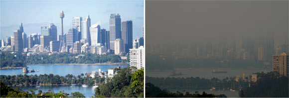 A combination photo shows a general view of Sydney Harbour and smoke from bushfires obscuring Sydney Harbour