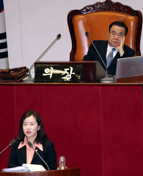 한국당 신보라 의원 무제한 토론 듣는 문희상 국회의장