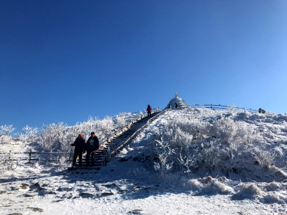 눈 쌓인 지리산 트레킹 즐기는 산행객들