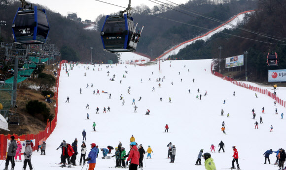 12월 마지막 주말인 29일 강원 홍천군 비발디파크 스키장에서 많은 스키어와 스노보더가 슬로프를 질주하고 있다. 2019.12.29  연합뉴스