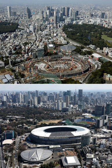 새 경기장을 짓기 시작한 지 약 10개월이 지난 2017년 9월 26일의 도쿄 신국립경기장의 모습(위)과 완공을 8개월 남짓 남긴 지난해 3월 8일의 항공사진.  서울신문 DB