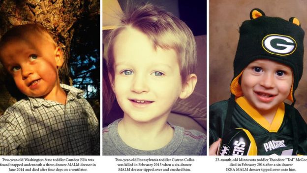이케아 말름 서랍장이 넘어지는 바람에 목숨을 잃은 미국 어린이들. 왼쪽부터 워싱턴주 캠든 엘리스, 펜실베이니아주 커렌 콜라스, 미네소타주 테드 맥기. 펠드먼 셰퍼드 제공 영국 BBC 홈페이지 캡처