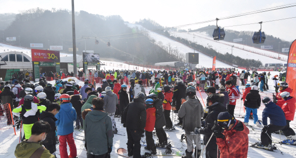 12일 강원도 홍천 비발디파크에서 스키장을 찾은 스키인파로 슬로프가 가득하다. 2020.1.12 박지환기자 popocar@seoul.co.kr