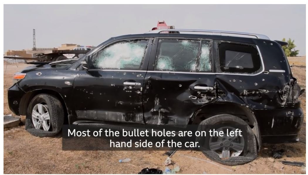 2019년 10월 12일(현지시간) 살해된 시리아 쿠르드 여성 정치인 헤브린 칼라프가 습격을 받은 직후의 차량 모습. BBC캡처