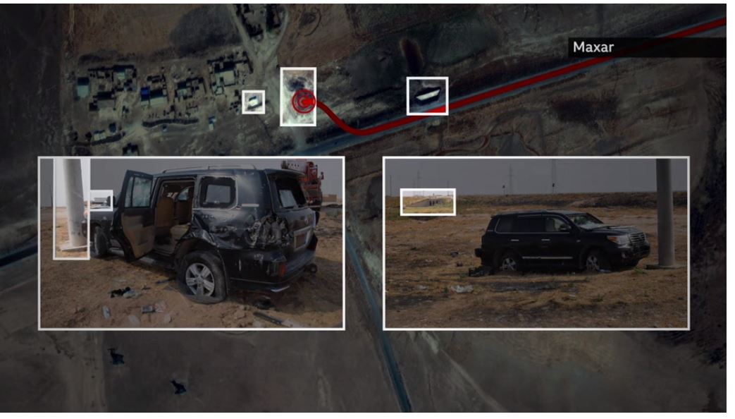 시라아 쿠르드족 여성 정치인 헤브린 칼라프가 탄 차량에 대한 동영상과 현지 지형을 비교한 결과이다. BBC캡처