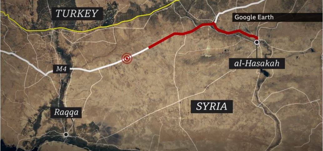 시리아 쿠르드족 여성 정치인 헤브린 칼라프가 차량을 타고 이동했던 경로와 사망사고가 발생한 지점(빨간 둥근원). BBC캡처