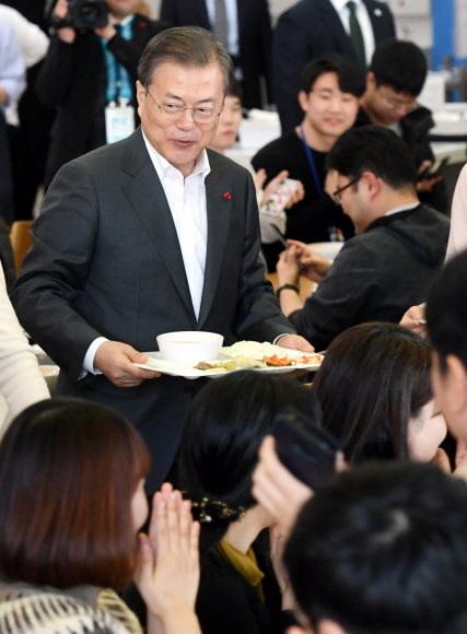 문재인 대통령이 21일 정부세종청사에서 열린 국무회의를 마치고 구내식당에서 신임 공무원들과 점심 식사를 함께 하고 있다. 2020. 1.21  도준석 기자 pado@seoul.co.kr