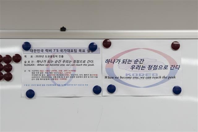 한국 남자 럭비 대표팀 선수들이 선수촌 곳곳에 붙여 놓은 슬로건.