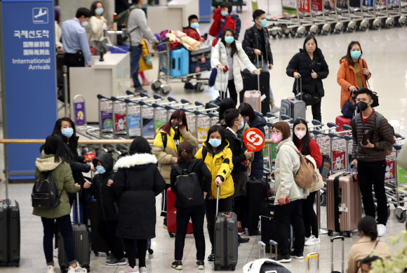 마스크 쓴 외국인 단체관광객