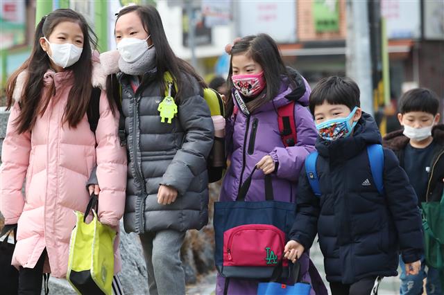 신종 코로나바이러스 감염증 확산에 대한 우려가 커지는 가운데 28일 오전 대구 지역 일부 초등학교가 개학하면서 학생들이 마스크를 쓰고 등교하고 있다. 대구 뉴스1
