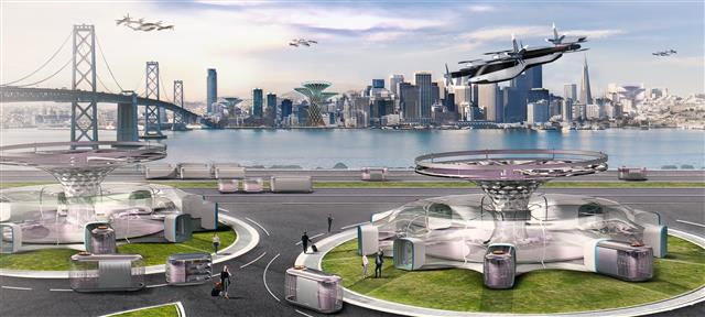 현대자동차가 새해 초 미국에서 열린 ‘국제전자제품박람회(CES) 2020’에서 처음으로 공개한 도심 항공 모빌리티가 구현된 미래 도시 이미지.  현대자동차 제공