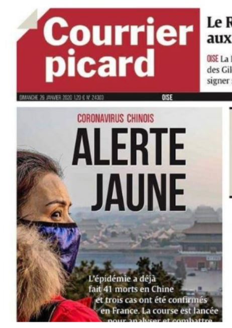 프랑스 지역 신문 쿠리어 피카르디의 1면 편집. 제목을 ‘황색 경보’라고 뽑아 인종차별적이란 비난을 샀고 재빨리 사과했다. 트위터 캡처