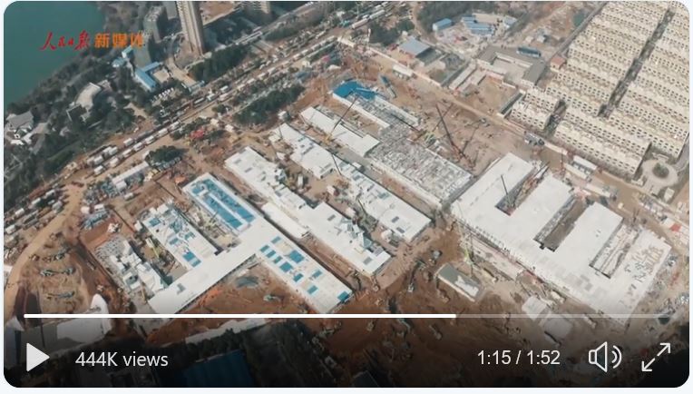 신종코로나 바이러스가 발병한 중국 우한에서 10일 만에 완성된 침상 1000개 규모의 병원 전경.