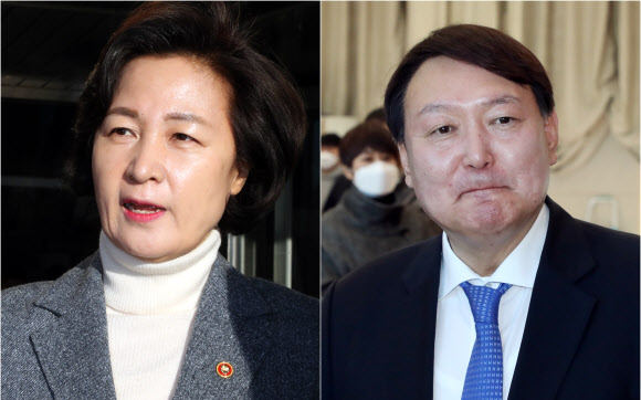 추미애(왼쪽) 법무부 장관과 윤석열 검찰총장. 연합뉴스