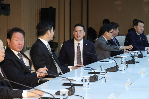 13일 오전 서울 중구 대한상공회의소에서 열린 코로나19 대응 경제계 간담회에서 이재용 삼성전자 부회장과 구광모 LG그룹 회장이 대화를 나누고 있다. 2020. 2.13 도준석 기자pado@seoul.co.kr