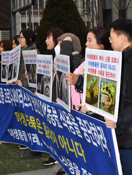 13일 서울 광화문 이순신장군 동상앞에서 열린신종 코로나 바이러스 원인 야생동물 식용 중단 촉구 기자회견에 참석한 한국동물보호연합 회원들이 야생동물 마스크를 쓴채 구호를 외치고 있다. 2020.2.13 박지환기자 popocar@seoul.co.kr