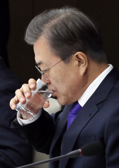 문재인 대통령이 13일 오전 서울 중구 대한상공회의소에서 열린 ‘신종 코로나바이러스 감염증(코로나19)’ 대응 경제계 간담회에 참석해  물을 마시고 있다. 2020. 2.13 도준석 기자pado@seoul.co.kr