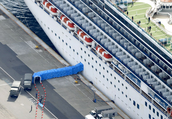 Passengers disembarking from the Diamond Princess cruise ship docked at Yokohama Port are pictured in Yokohama