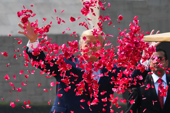 도널드 트럼프 미국 대통령과 멜라니아 여사가 25일(현지시간) 인도 뉴델리의 라지가트에서 열린 ‘인도 독립 아이콘 마하트마 간디 추모식’에 참석해 경의를 표하기 위해 장미 꽃잎을 뿌리고 있다. AFP 연합뉴스