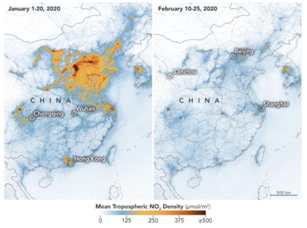 코로나19 창궐 이후 한달 사이에 급격히 개선된 중국의 대기오염도. 연합뉴스(미국 항공우주국 제공)