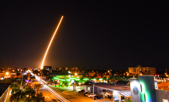 In a time exposure, a SpaceX F