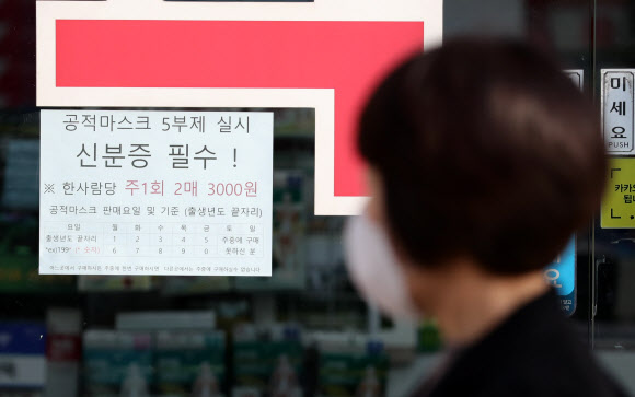 공적 마스크 5부제가 시행되는 9일 오전 서울 종로5가 인근 한 약국에 마스크 5부제 안내문이 붙어 있다. 마스크 5부제에 따라 출생연도 끝자리가 1과 6이면 월요일, 2와 7이면 화요일, 3과 8이면 수요일, 4와 9이면 목요일, 5와 0이면 금요일에 마스크를 살 수 있다. 2020.3.9  연합뉴스