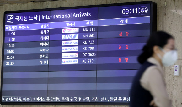 9일 서울 강서구 김포국제공항 국제선 청사 모니터에 일본을 오가는 항공편 ‘결항’이 표시되고 있다. 2020.3.9  연합뉴스