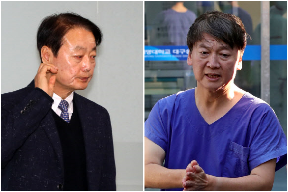 한선교(왼쪽) 미래한국당 대표와 안철수(오른쪽) 국민의당 대표. 연합뉴스
