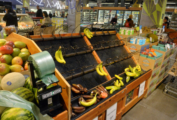 신종 코로나바이러스 감염증(코로나19) 확산으로 불안에 빠진 소비자들이 사재기에 나선 탓에 13일(현지시간) 미국 로스앤젤레스 중심가의 한 슈퍼마켓 매장이 비어 있다. UPI 연합뉴스