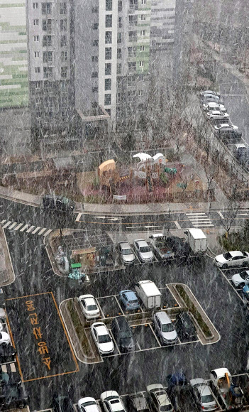 강원 중북부 산지에 대설주의보가 내려진 15일 오후 강릉지방에 함박눈이 펑펑 쏟아지고 있다. 2020.3.15  연합뉴스