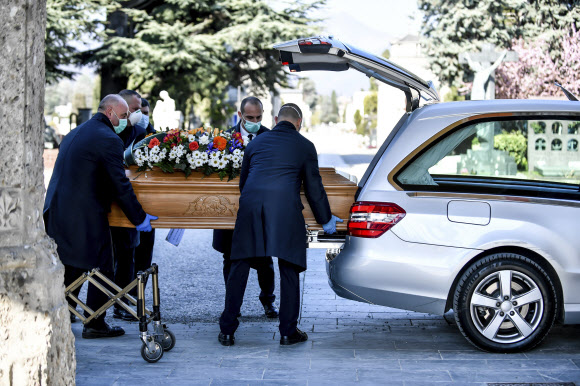 Undertakers carry a coffin out