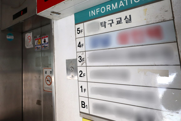 신천지 위장교회로 확인된 대구시 달서구 한 상가 건물의 5층 사무실 안내판에 22일 탁구교실이 적혀 있다. 대구시는 코로나19 집단 감염이 발생한 신천지 대구교회가 종전에 알리지 않은 위장교회 2곳을 확인해 폐쇄하고 교인들 확진 여부를 조사하고 있다. 2020.3.22  연합뉴스