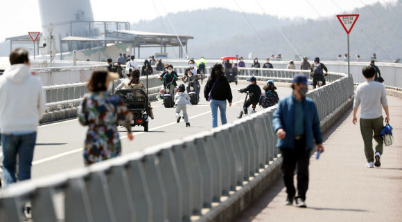 낮 기온이 20도를 웃돌며 완연한 봄 날씨를 보인 22일 대구 달성군 다사읍 강정고령보에서 가족 단위 나들이객들이 신종 코로나바이러스 감염증(코로나19)에 대한 우려를 잠시 잊고 자전거 타기와 산책 등 야외활동을 즐기고 있다. 2020.3.22  연합뉴스