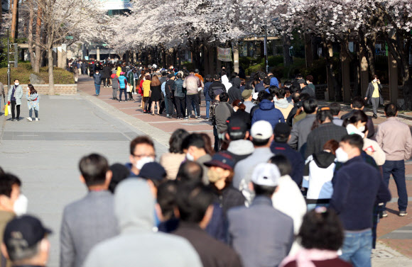 25일 오전 대구시 북구 칠성동 소상공인시장진흥공단 대구 북부센터에 신종 코로나바이러스 감염증(코로나19) 관련 소상공인 대출 상담을 받기 위해 1천여명의 소상공인이 길게 줄지어 기다리고 있다. 2020.3.25  연합뉴스