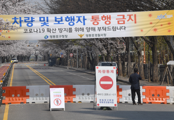 코로나 19 여파로 여의도 벚꽃길 출입이 전면 통제된 2일 서울 여의도에서 한 시민이 막힌 도로 앞에 서 있다. 2020.4.2  박지환 기자 popocar@seoul.co.kr