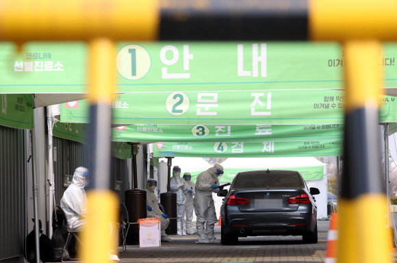 7일 오전 서울 송파구 잠실종합운동장 주경기장에 설치된 신종 코로나바이러스(코로나19) 드라이브 스루 선별진료소에서 의료진이 검진을 하고 있다. 2020.4.7  연합뉴스