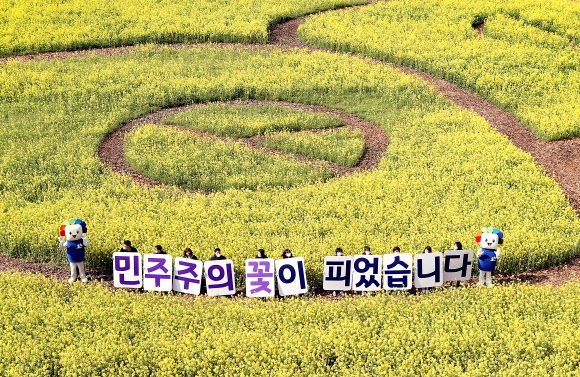 7일 오전 부산 강서구 대저생태공원 유채꽃밭에 부산시 선관위와 강서구 선관위 직원들이 제21대 국회의원 선거 투표 참여를 독려하는 캠페인을 벌이고 있다. 2020.4.7  연합뉴스