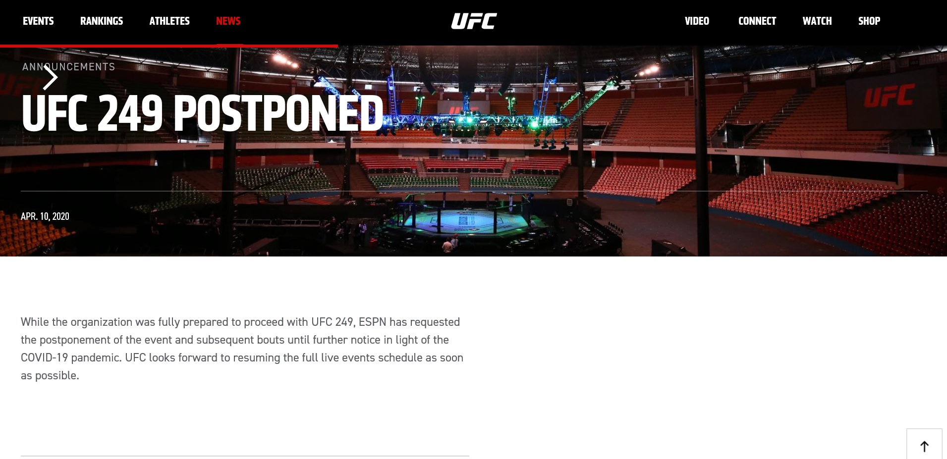UFC249 연기를 알리는 UFC 홈페이지. UFC 홈페이지 캡처